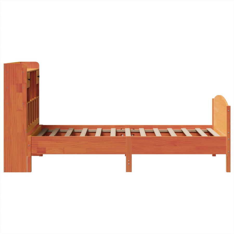 Bed met boekenkast zonder matras grenenhout wasbruin 100x200 cm
