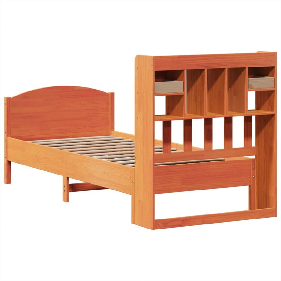 Bed met boekenkast zonder matras grenenhout wasbruin 100x200 cm