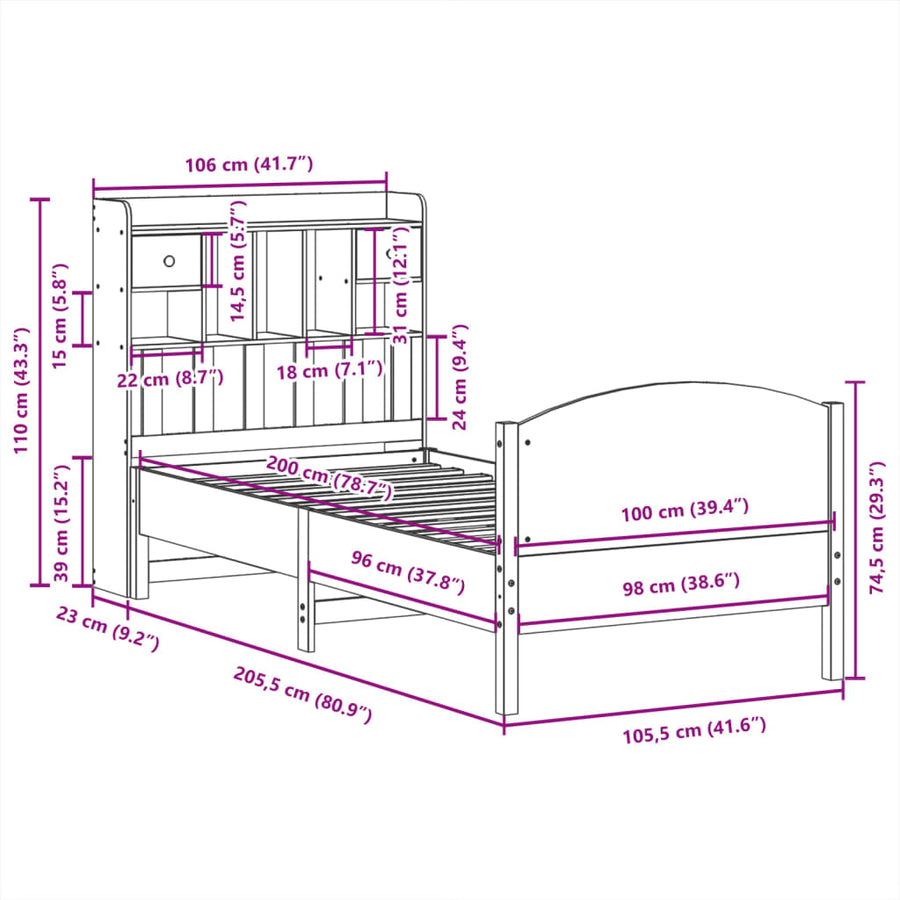 Bed met boekenkast zonder matras grenenhout wasbruin 100x200 cm