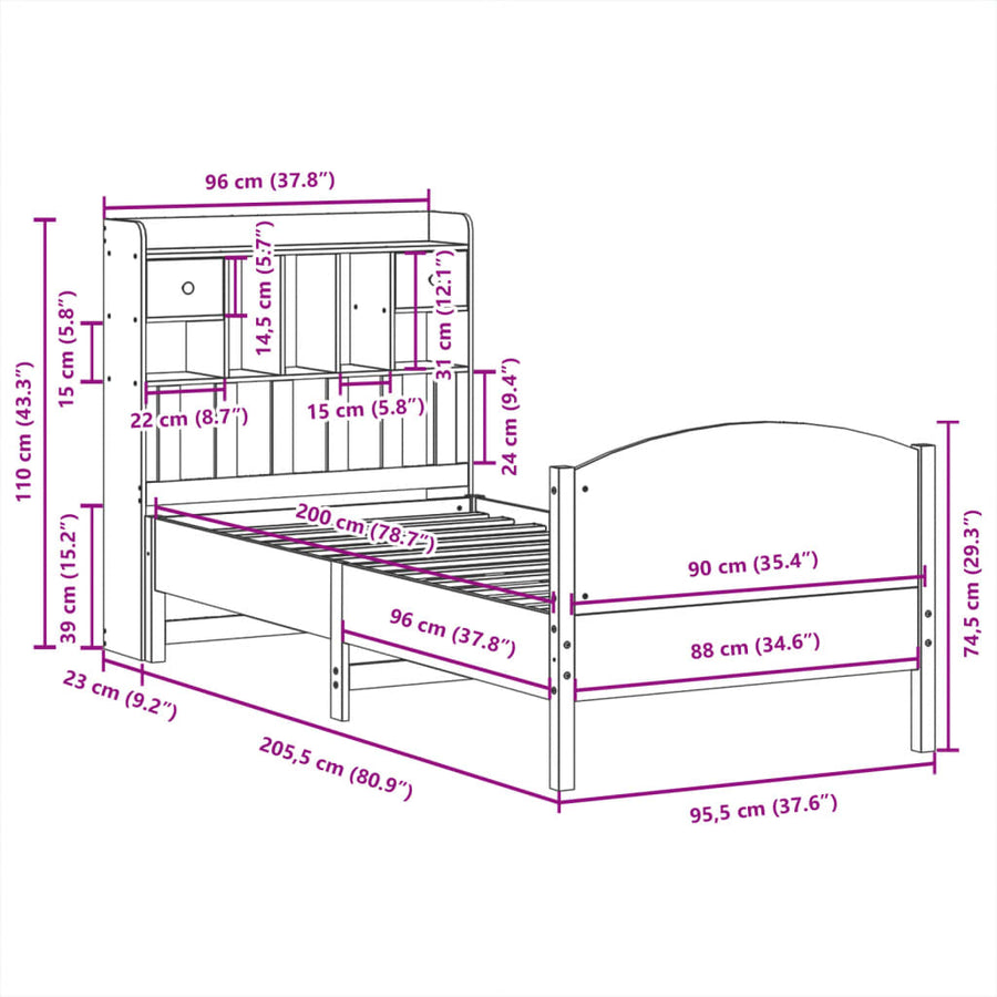 Bed met boekenkast zonder matras grenenhout wit 90x200 cm