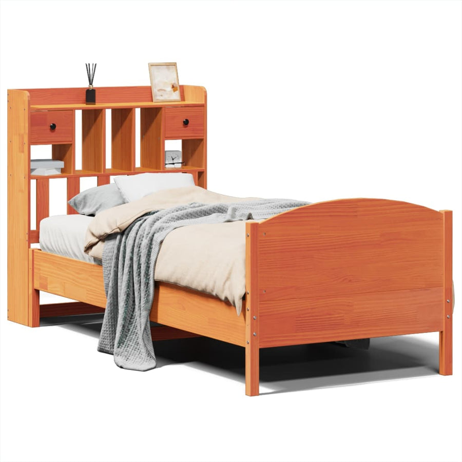 Bed met boekenkast zonder matras grenenhout wasbruin 75x190 cm