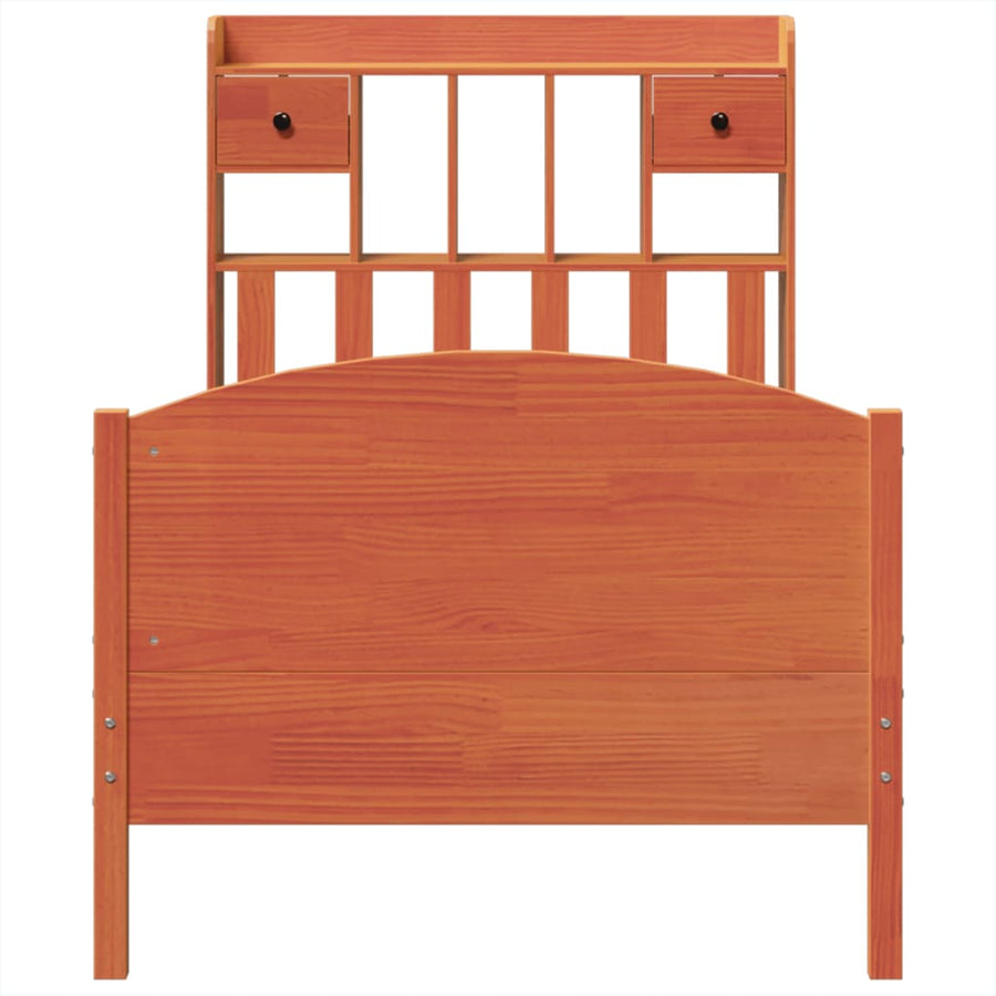 Bed met boekenkast zonder matras grenenhout wasbruin 75x190 cm