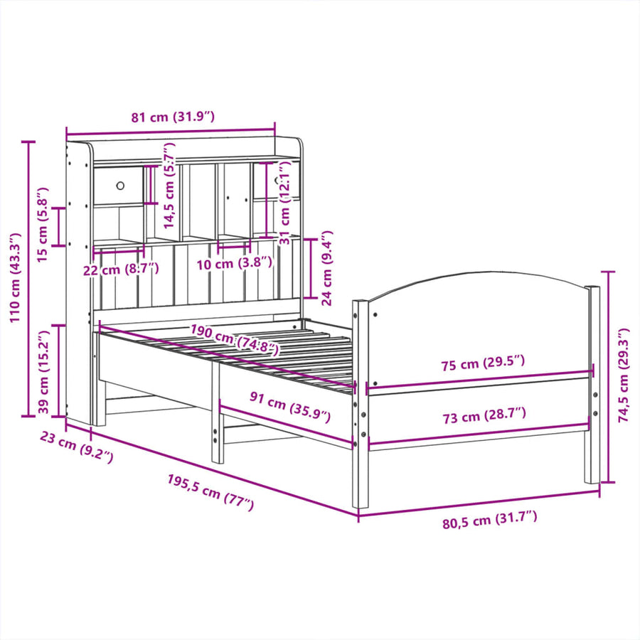 Bed met boekenkast zonder matras grenenhout wasbruin 75x190 cm