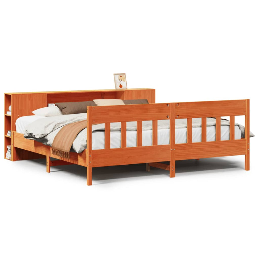 Bed met boekenkast zonder matras grenenhout wasbruin 200x200 cm