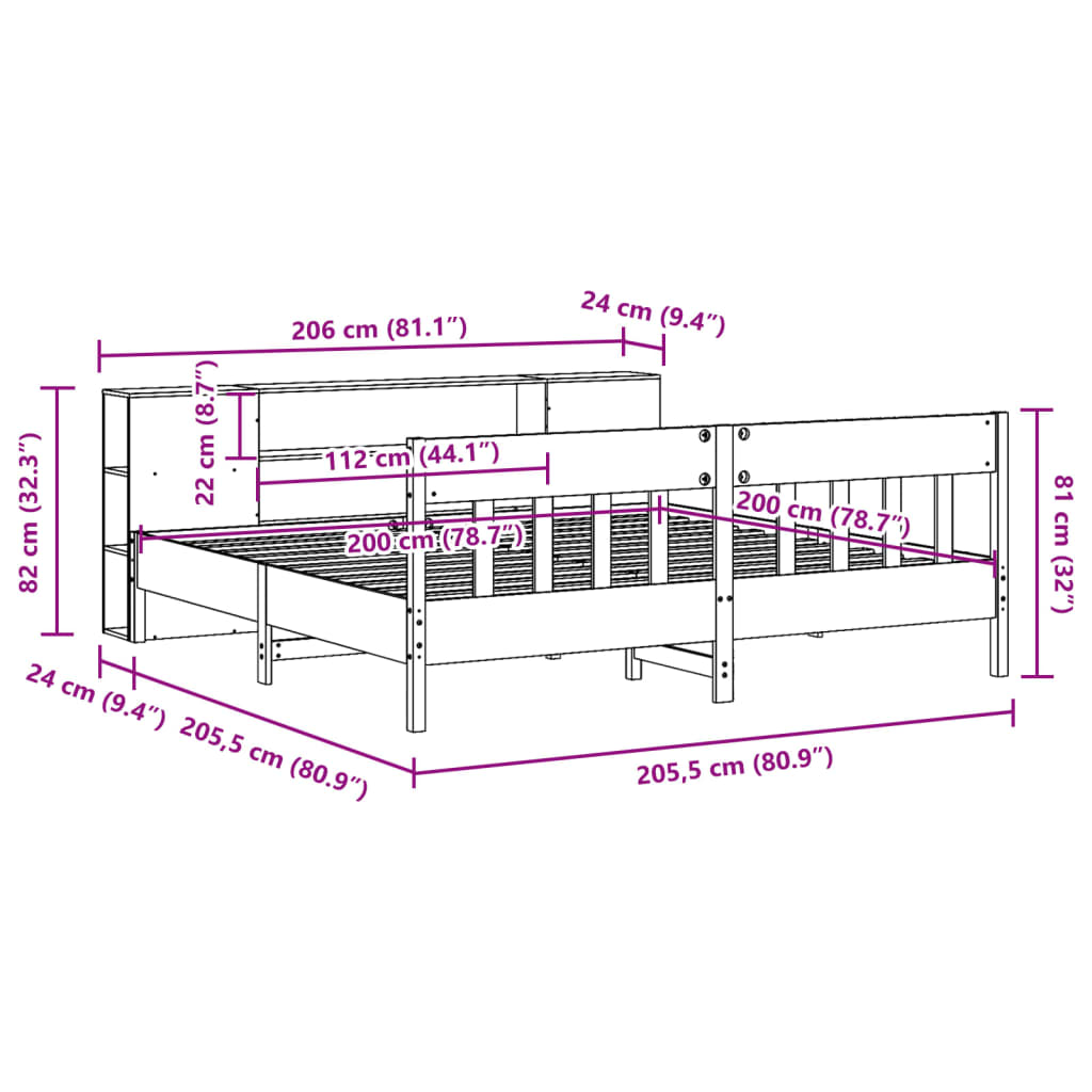 Bed met boekenkast zonder matras grenenhout wasbruin 200x200 cm