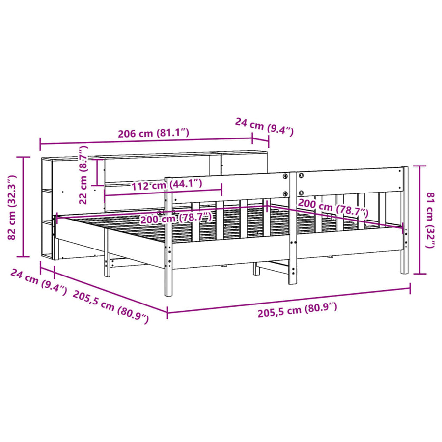 Bed met boekenkast zonder matras grenenhout wasbruin 200x200 cm