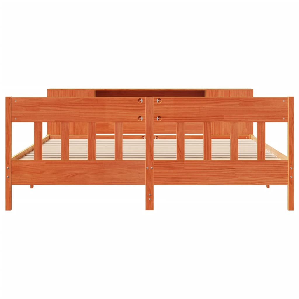 Bed met boekenkast zonder matras grenenhout wasbruin 200x200 cm