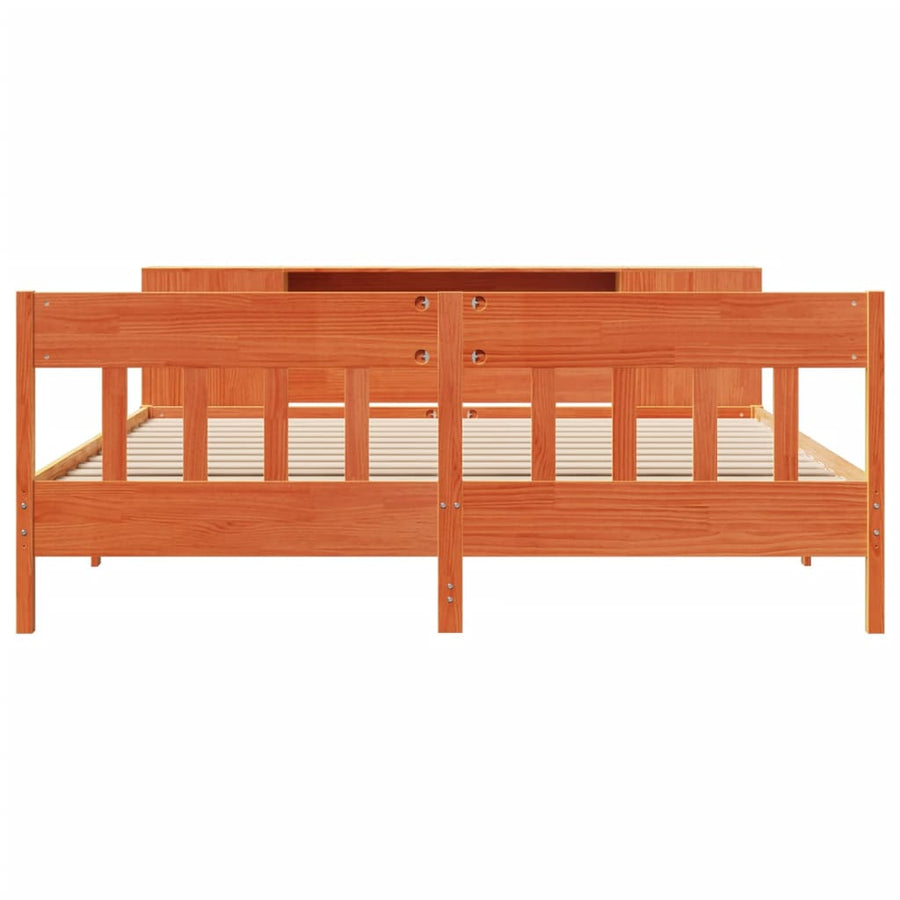 Bed met boekenkast zonder matras grenenhout wasbruin 200x200 cm
