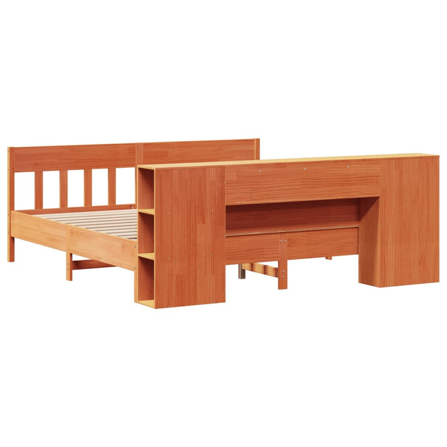 Bed met boekenkast zonder matras grenenhout wasbruin 200x200 cm