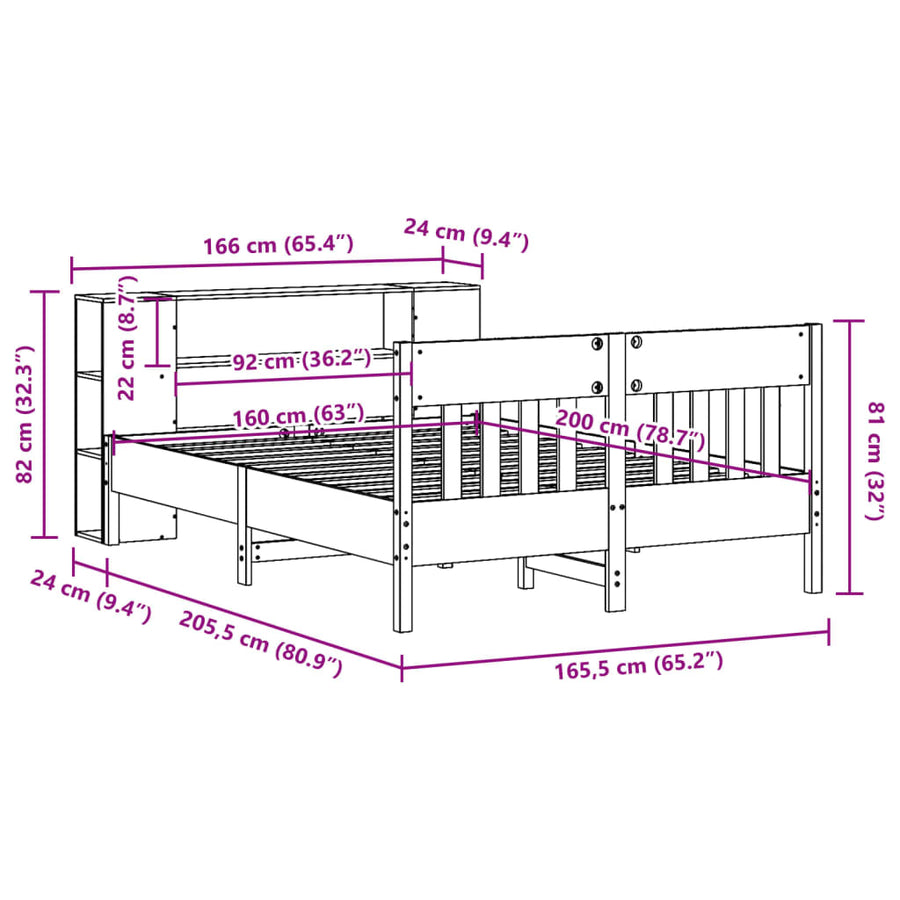 Bed met boekenkast zonder matras grenenhout wit 160x200 cm