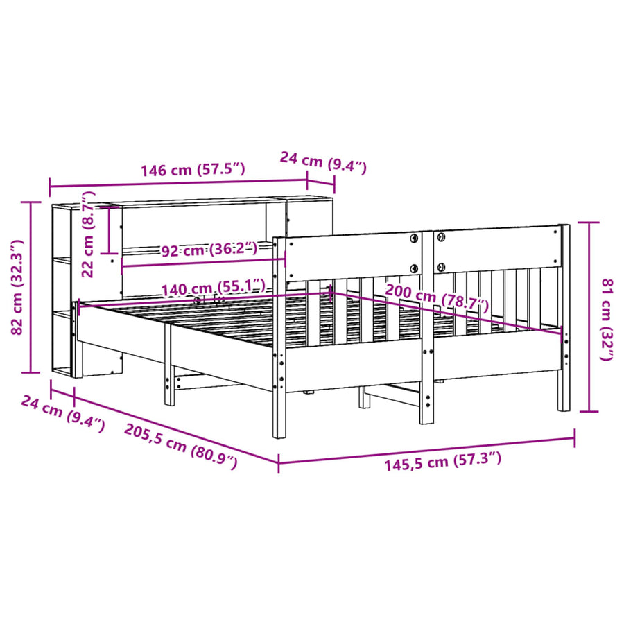 Bed met boekenkast zonder matras grenenhout wit 140x200 cm
