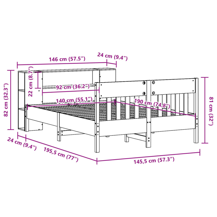 Bed met boekenkast zonder matras grenenhout wasbruin 140x190 cm