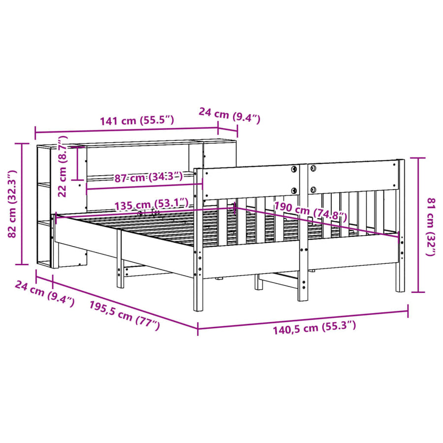 Bed met boekenkast zonder matras massief grenenhout 135x190 cm
