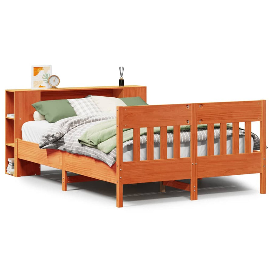 Bed met boekenkast zonder matras grenenhout wasbruin 135x190 cm
