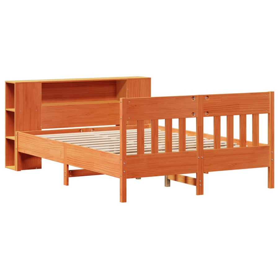 Bed met boekenkast zonder matras grenenhout wasbruin 135x190 cm
