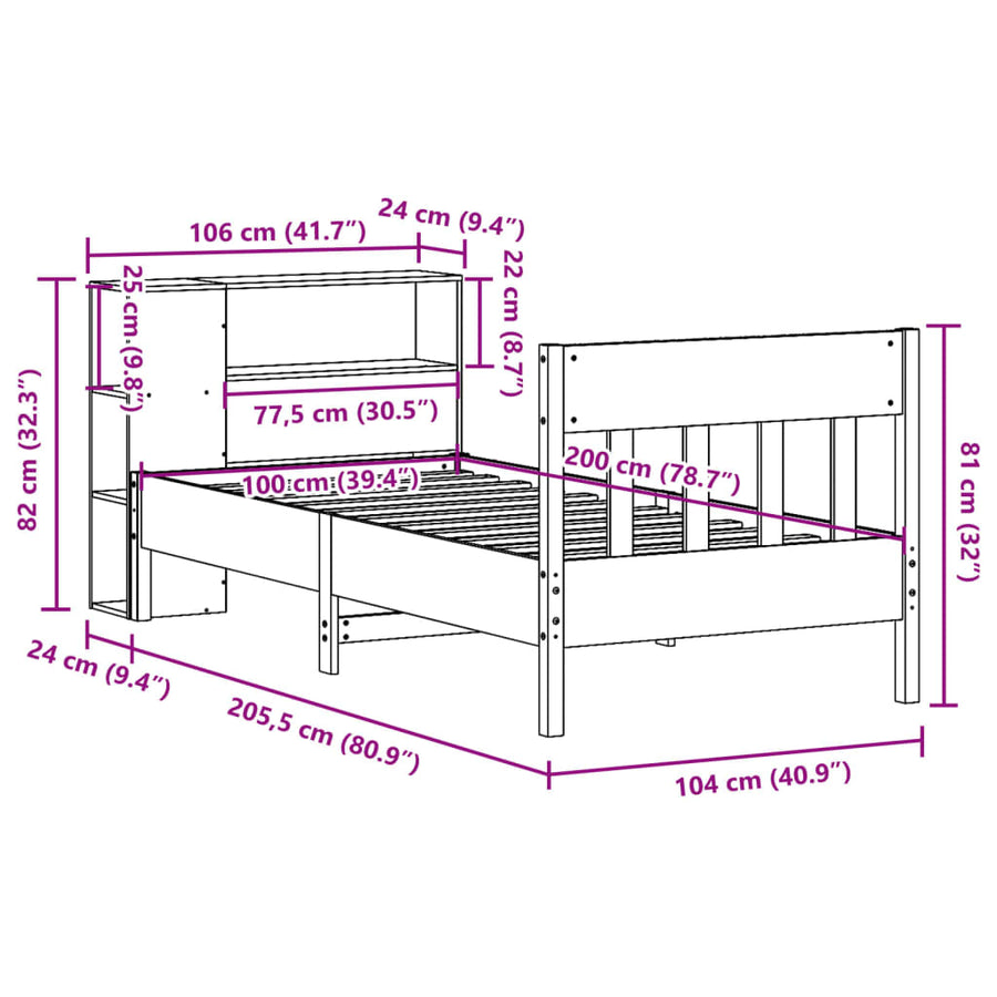 Bed met boekenkast zonder matras grenenhout wasbruin 100x200 cm
