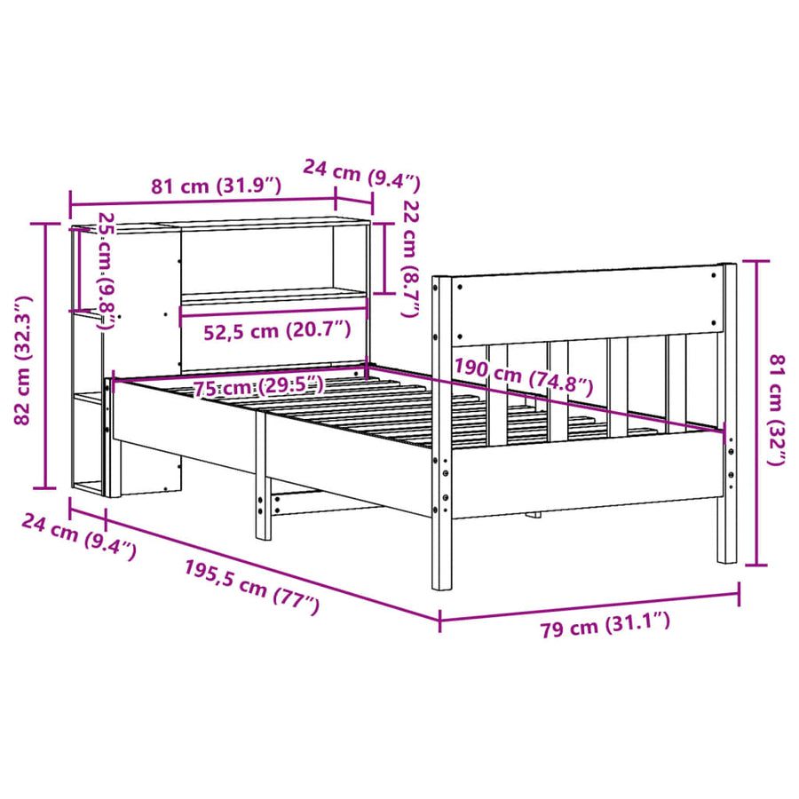 Bed met boekenkast zonder matras massief grenenhout 75x190 cm