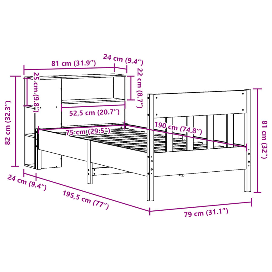 Bed met boekenkast zonder matras grenenhout wit 75x190 cm