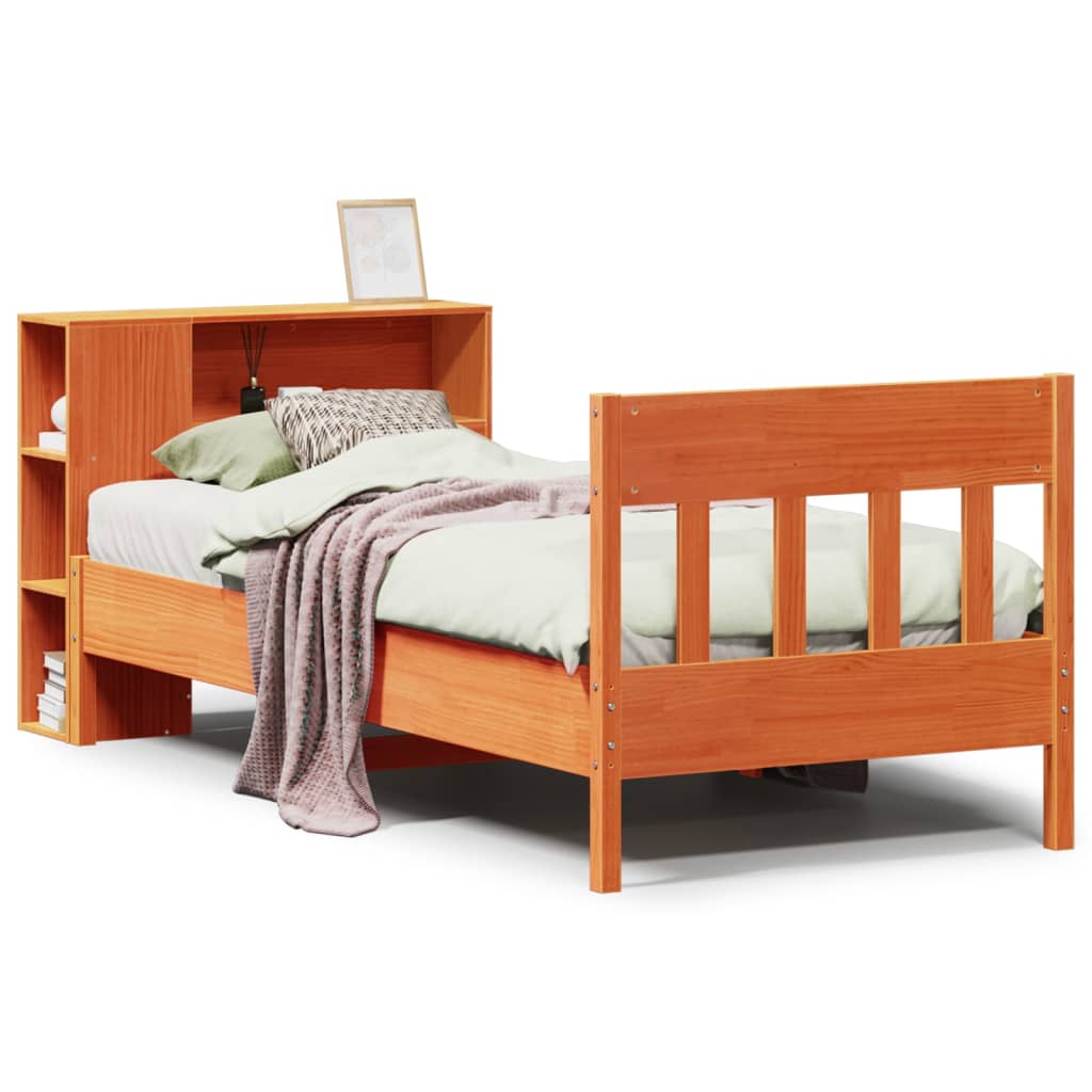 Bed met boekenkast zonder matras grenenhout wasbruin 75x190 cm