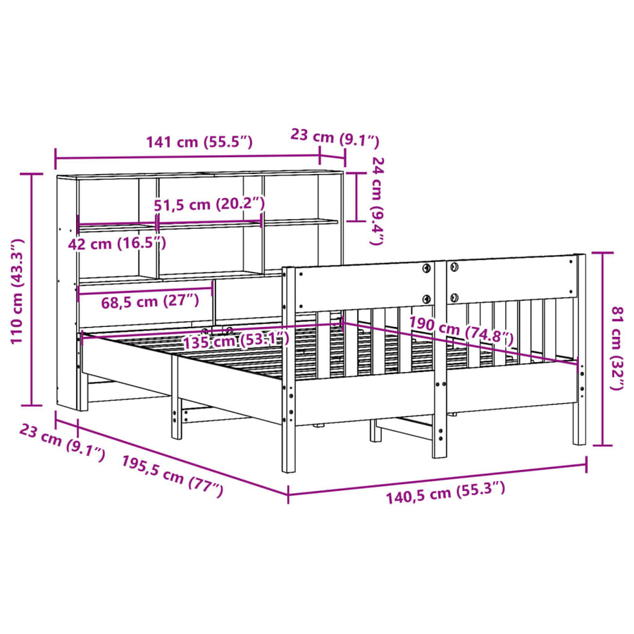 Bedframe zonder matras massief grenenhout wasbruin 135x190 cm
