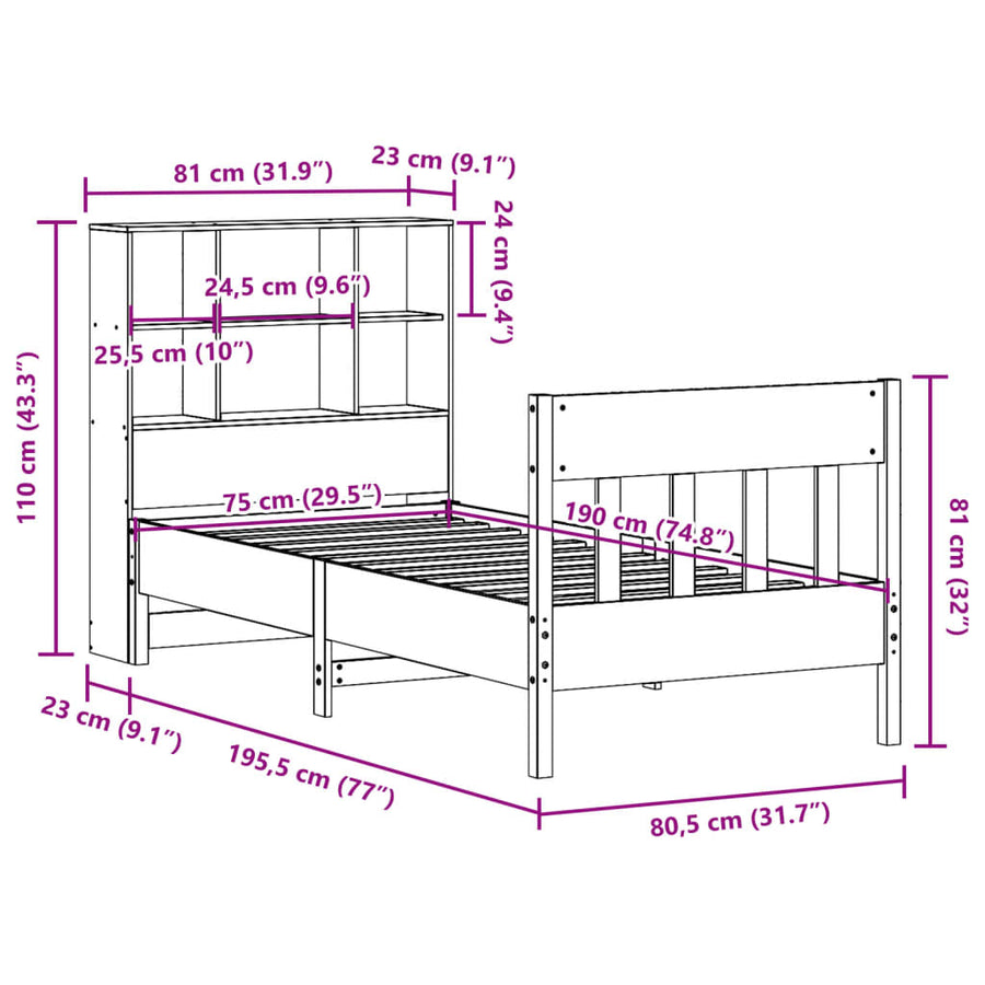 Bedframe zonder matras massief grenenhout wasbruin 75x190 cm