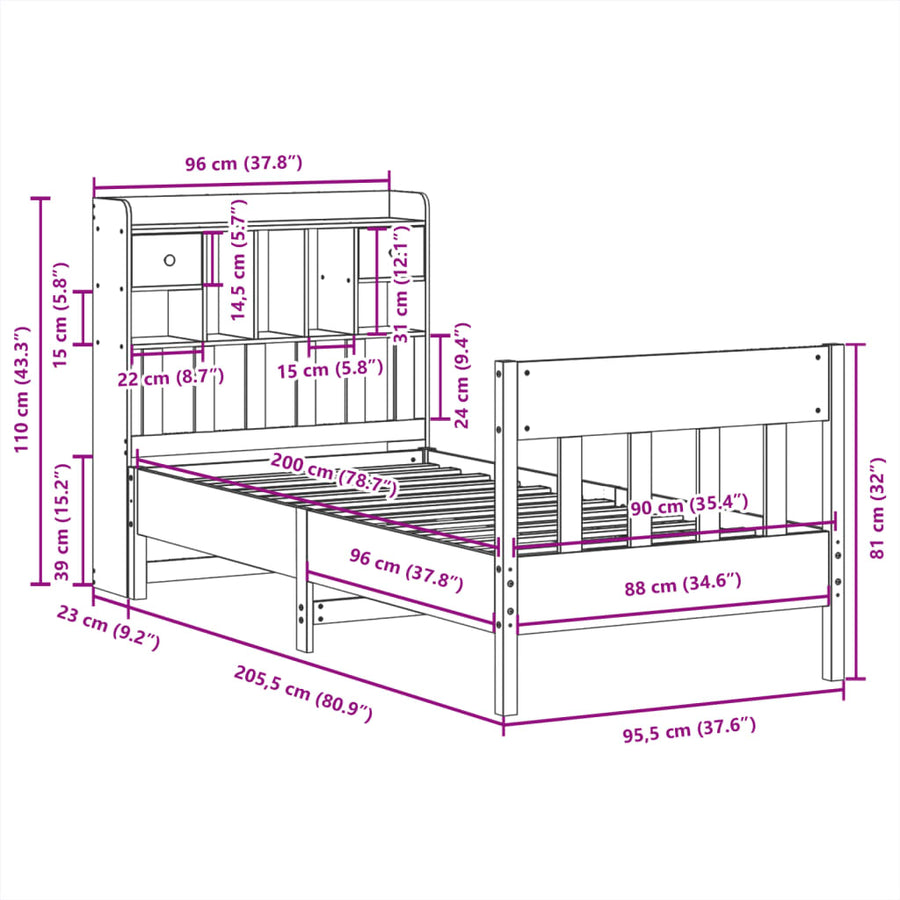 Bedframe zonder matras massief grenenhout wit 90x200 cm