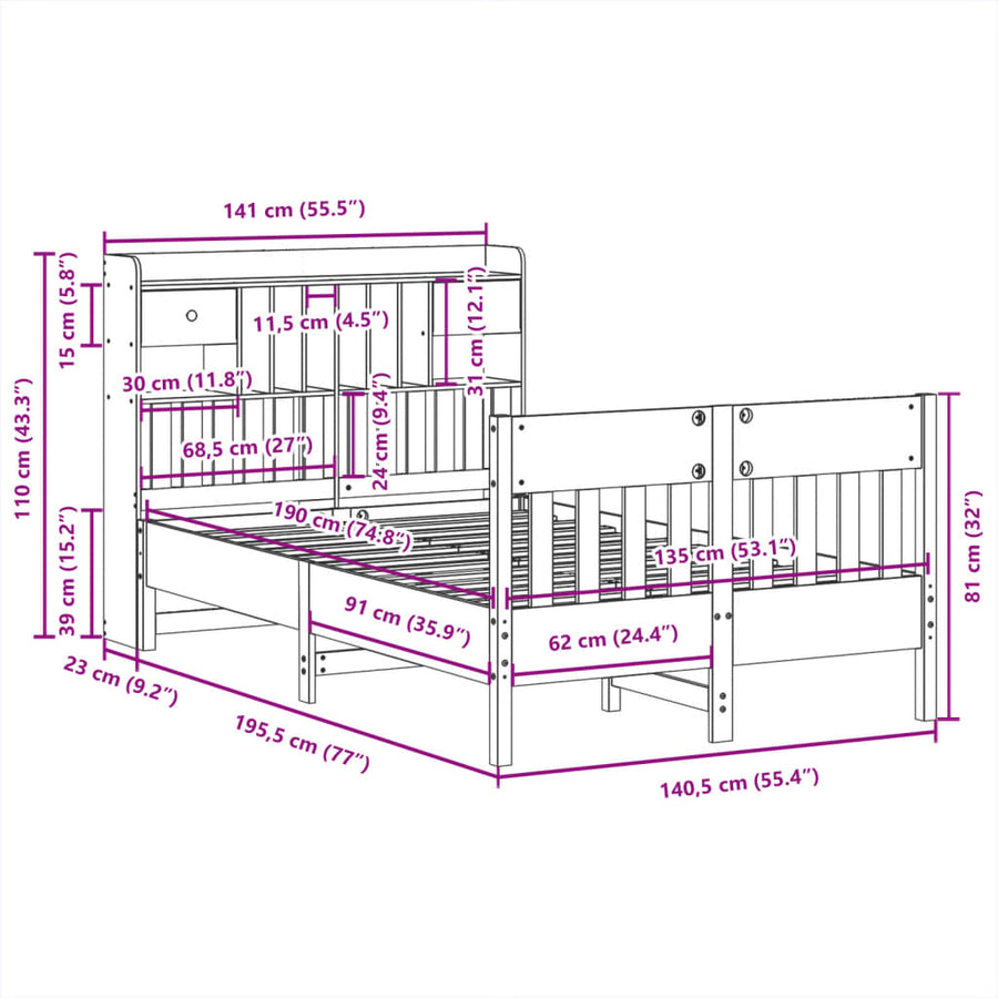 Bedframe zonder matras massief grenenhout 135x190 cm