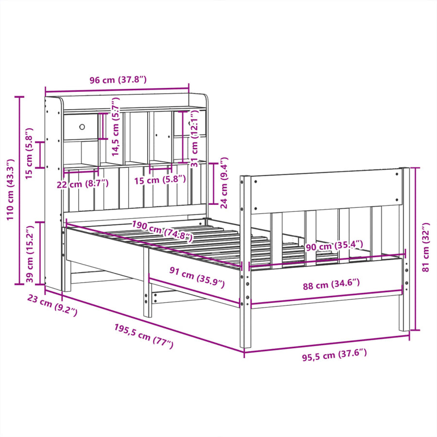 Bedframe zonder matras massief grenenhout wit 90x190 cm
