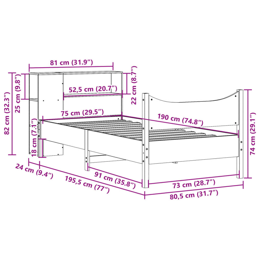Bedframe zonder matras massief grenenhout 75x190 cm