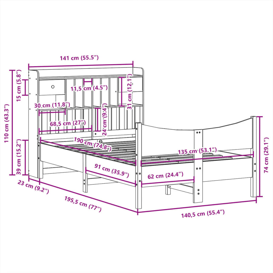 Bedframe zonder matras massief grenenhout 135x190 cm
