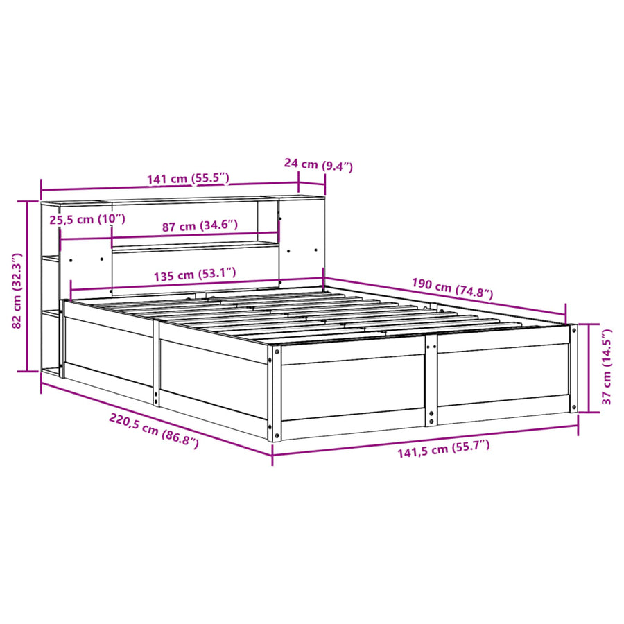 Bedframe zonder matras massief grenenhout wit 135x190 cm