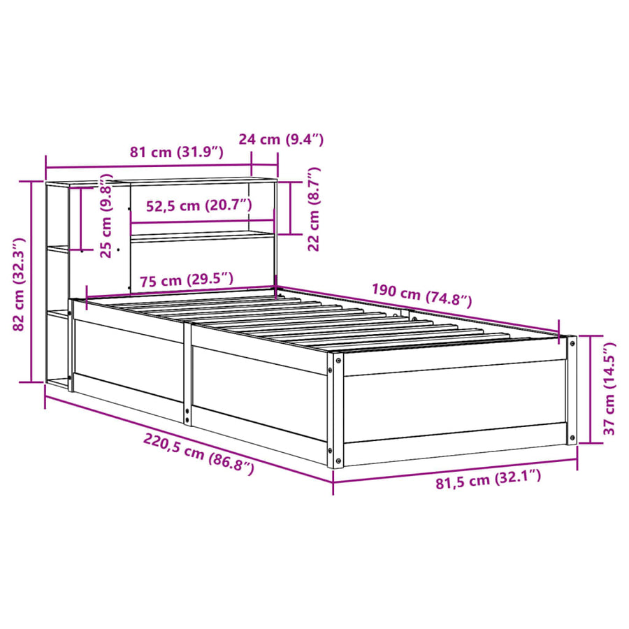 Bedframe zonder matras massief grenenhout wit 75x190 cm