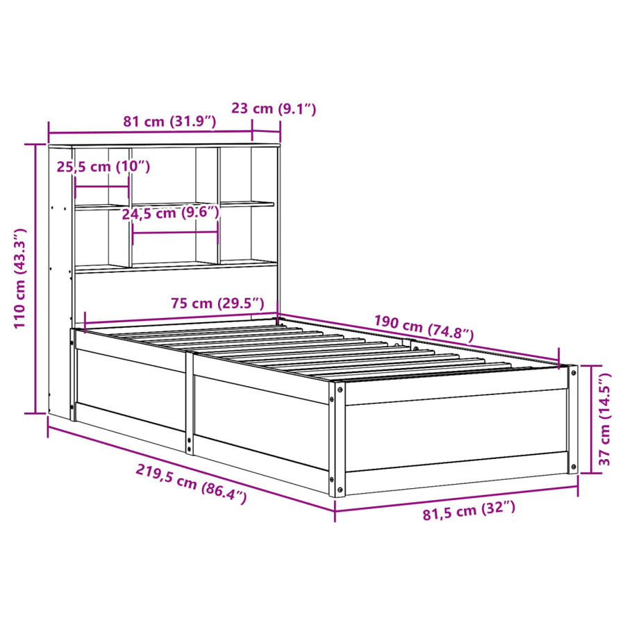 Bedframe zonder matras massief grenenhout wasbruin 75x190 cm