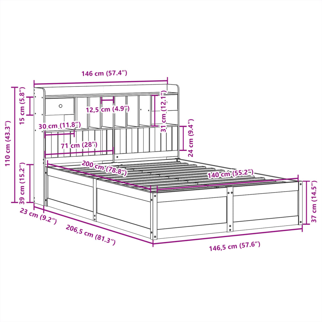 Bedframe zonder matras massief grenenhout 140x200 cm