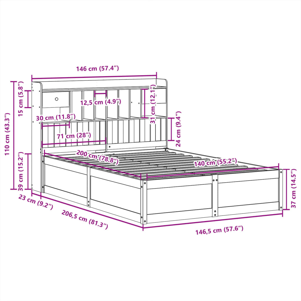 Bedframe zonder matras massief grenenhout wit 140x200 cm