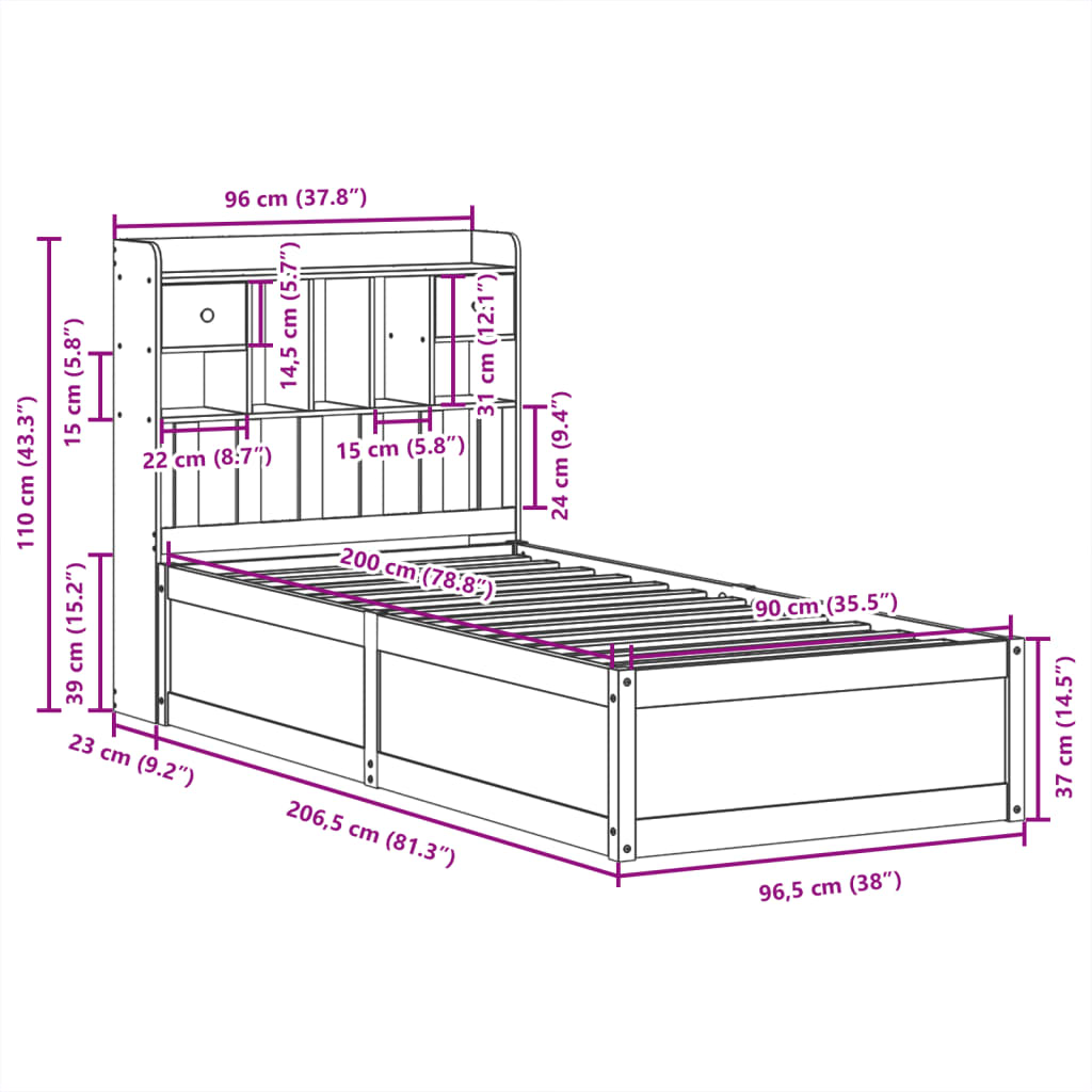 Bedframe zonder matras massief grenenhout wit 90x200 cm