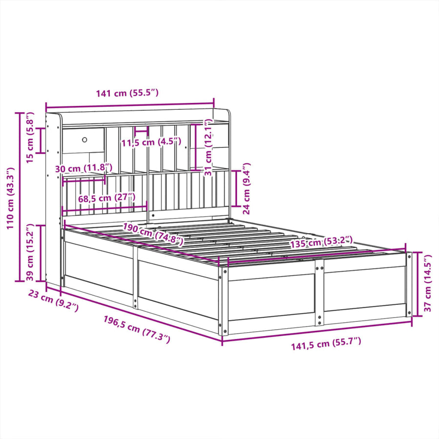Bedframe zonder matras massief grenenhout 135x190 cm