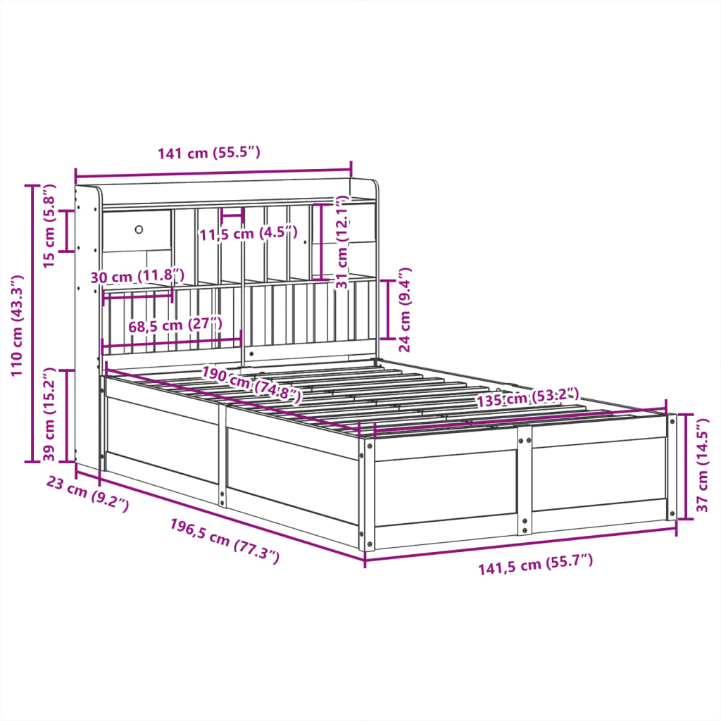 Bedframe zonder matras massief grenenhout wit 135x190 cm