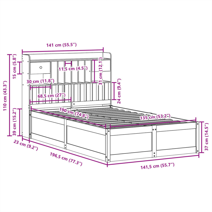 Bedframe zonder matras massief grenenhout wit 135x190 cm