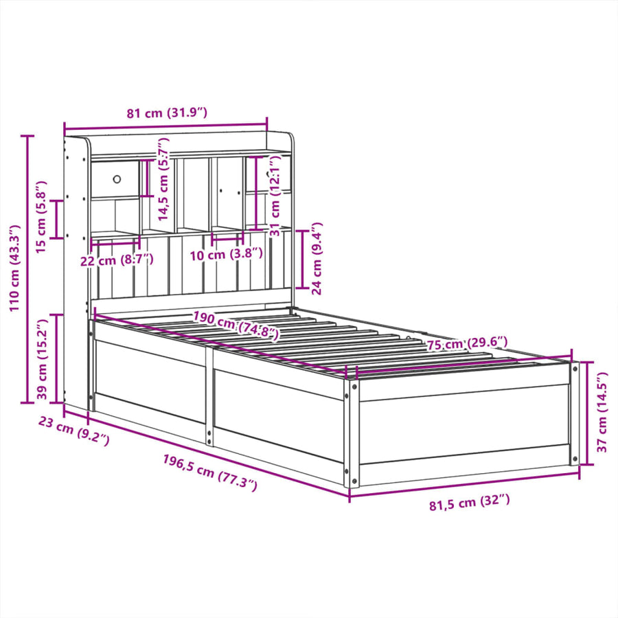 Bedframe zonder matras massief grenenhout 75x190 cm