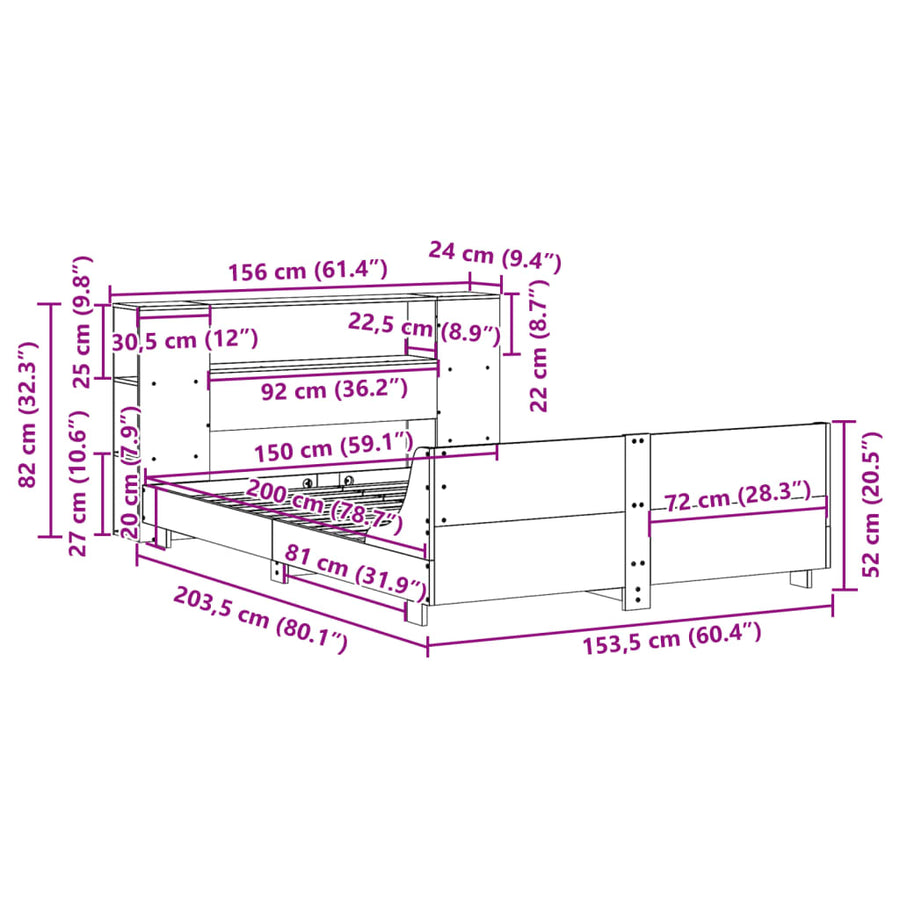 Bedframe zonder matras massief grenenhout wit 150x200 cm