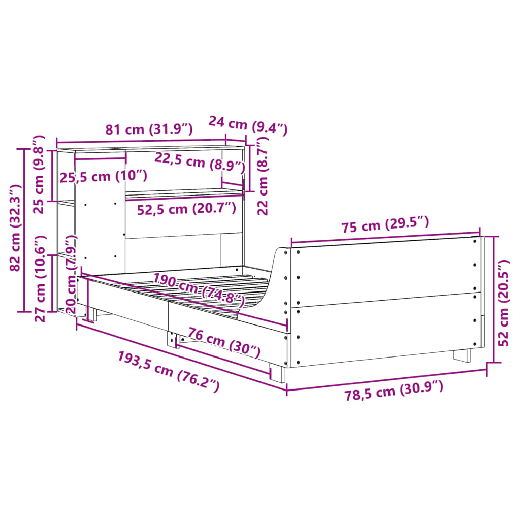 Bedframe zonder matras massief grenenhout wit 75x190 cm