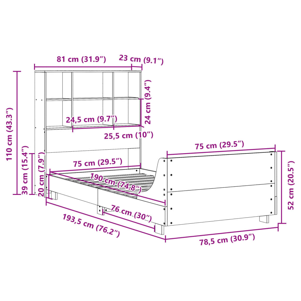 Bedframe zonder matras massief grenenhout wasbruin 75x190 cm