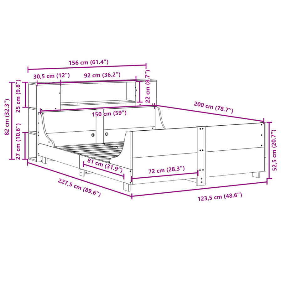 Bedframe zonder matras massief grenenhout wit 150x200 cm