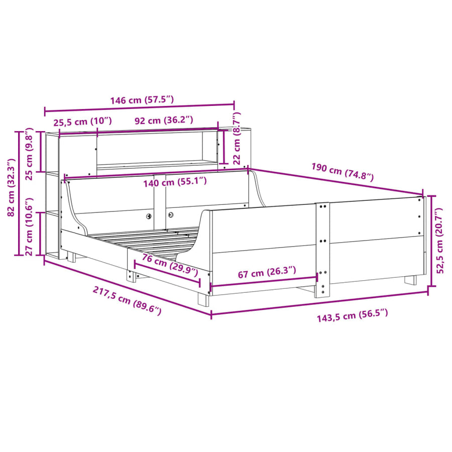 Bedframe zonder matras massief grenenhout wit 140x190 cm