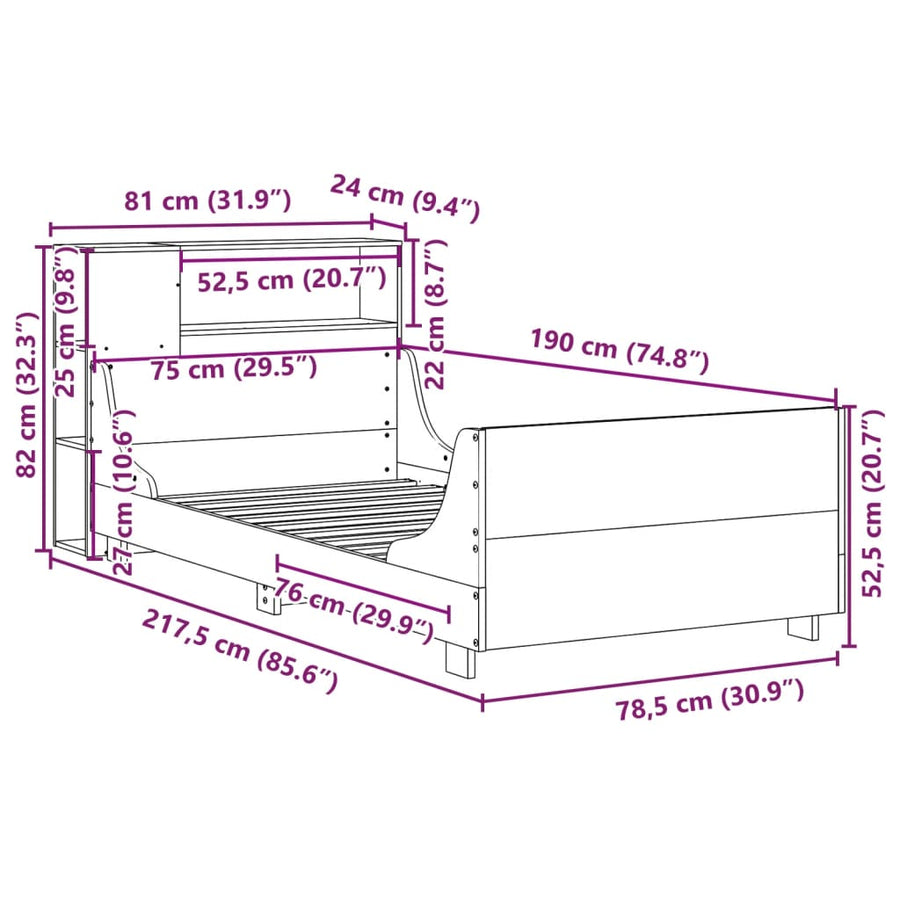 Bedframe zonder matras massief grenenhout 75x190 cm