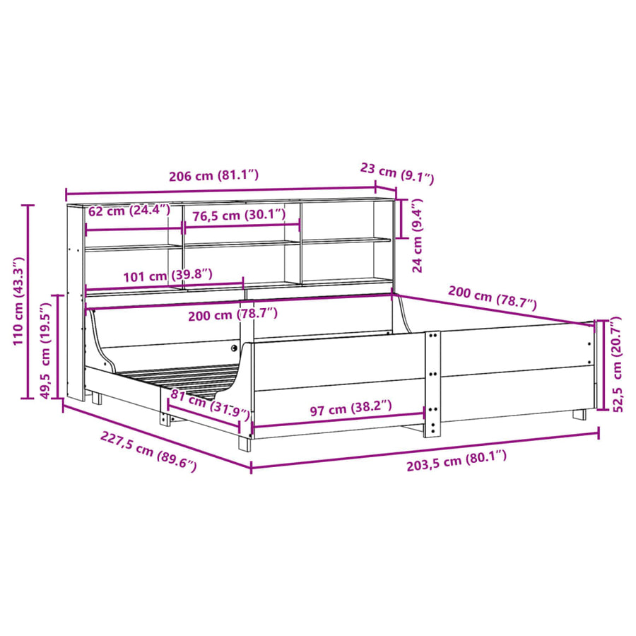 Bed met boekenkast zonder matras hout wasbruin 200x200 cm