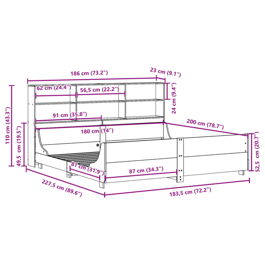 Bed met boekenkast zonder matras massief hout wit 180x200 cm