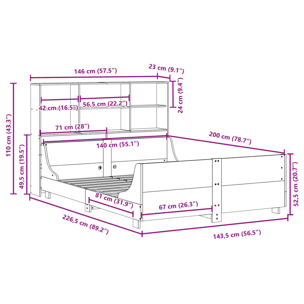 Bed met boekenkast zonder matras massief hout wit 140x200 cm