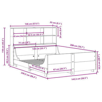 Bed met boekenkast zonder matras massief hout wit 140x200 cm